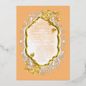 金ゴールドバラは、ホワイトレース付きの金ゴールドフレーム上に。フォイルI 箔招待状 (正面)