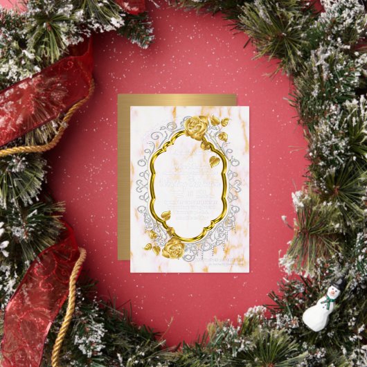 金ゴールドバラは、ホワイトレース付きの金ゴールドフレーム上に。 箔招待状 (インサイチュ)