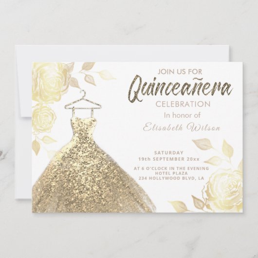 金ゴールドバラセクインズ金ゴールドドレスQuinceainera Invitat 招待状 (正面)