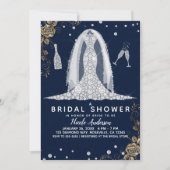 金ゴールドバラダイヤ結婚モンドのドレスブライダルシャワーブルー 招待状 (正面)