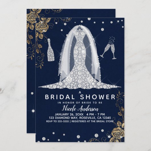 金ゴールドバラダイヤ結婚モンドのドレスブライダルシャワーブルー 招待状 (正面/裏面)