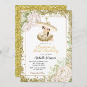 金ゴールドバラチャラガール誕生日とバプテスマ 招待状 (正面/裏面)