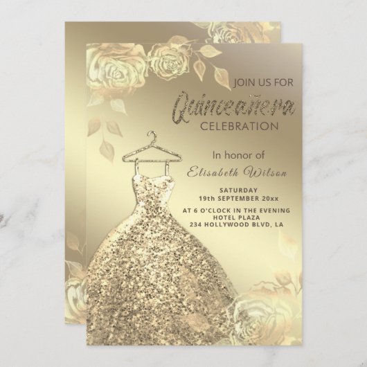 金ゴールドバラトレンディー金ゴールドセクインズドレスキンセアニラ 招待状 (正面/裏面)