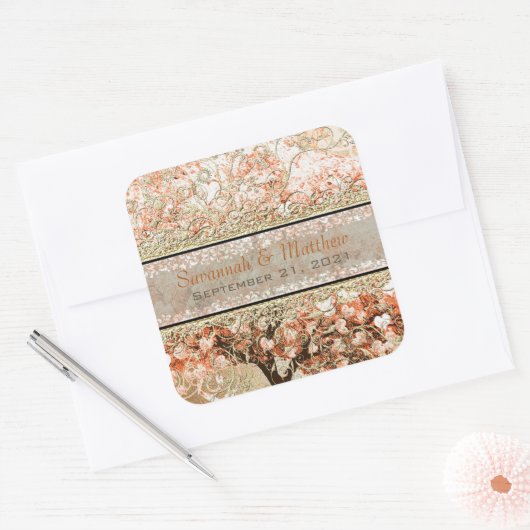 金ゴールドバラハートリーフツリースクウェア結婚ズシール スクエアシール (封筒)