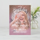 金ゴールドバラピンクトリプルグリッターグラデーションフォト誕生日 招待状 (スタンド正面)