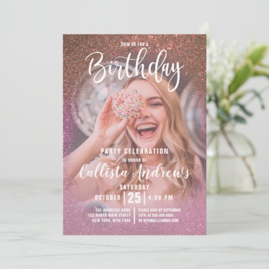 金ゴールドバラピンクトリプルグリッターグラデーションフォト誕生日 招待状 (スタンド正面)