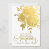 金ゴールドバラフェイクフォイルエレガントフローラ記念日 招待状 (正面)