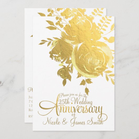 金ゴールドバラフェイクフォイルエレガントフローラ記念日 招待状 (正面/裏面)