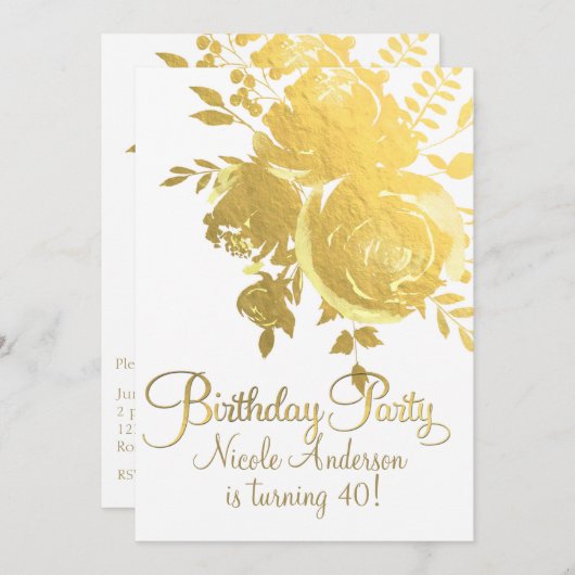 金ゴールドバラフォイルエレガントフローラ誕生日パーティー 招待状 (正面/裏面)
