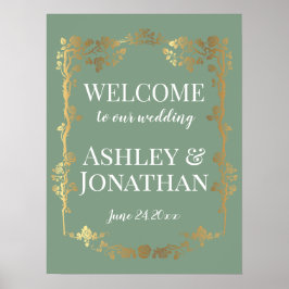 金ゴールドバラフレーム結婚オン緑の歓迎 ポスター