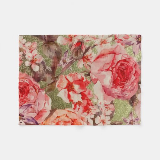 金ゴールドバラフローラ開花ラズベリーピンクウォーター色 フリースブランケット (正面(横))