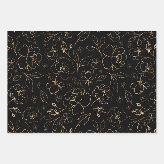 金ゴールドバラブラック紙フラットシートセット3 ラッピングペーパーシート (正面)
