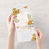 金ゴールドバラリボンモノグラム結婚式招待状 オールインワン招待状 (貼ってはがせる)