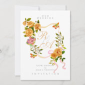 金ゴールドバラリボンモノグラム結婚式招待状 招待状 (正面)