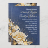 金ゴールドバラヴィンテージネイビー結婚フローラ 招待状 (正面/裏面)