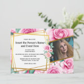 金ゴールドバラ幾何フローラ写真夏パーティー 招待状 (スタンド正面)