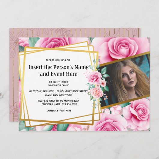 金ゴールドバラ幾何フローラ写真夏パーティー 招待状 (正面/裏面)