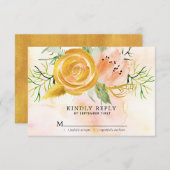 金ゴールドバラ赤面ピンクピーニー結婚フローラ 出欠カード (正面/裏面)