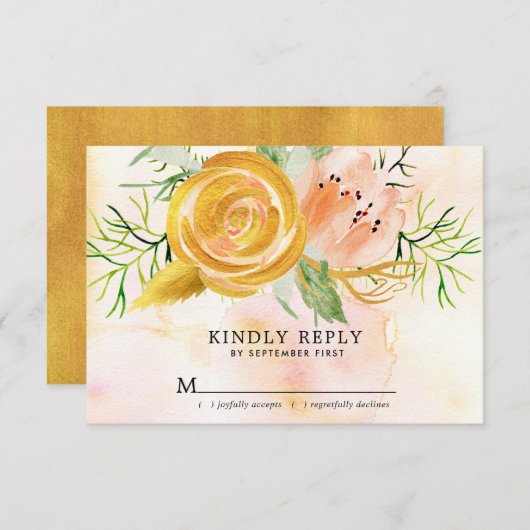 金ゴールドバラ赤面ピンクピーニー結婚フローラ 出欠カード (正面/裏面)