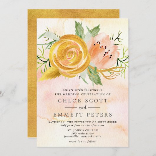 金ゴールドバラ赤面ピンクピーニー結婚フローラ 招待状 (正面/裏面)