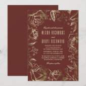 金ゴールドバラ – ブルガンディマルサラ秋の結婚式 招待状 (正面/裏面)