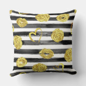 金ゴールドバラ、唇、ハートおよび黒ストライプ色 クッション (裏面)