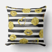 金ゴールドバラ、唇、ハートおよび黒ストライプ色 クッション (正面)