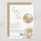 金ゴールドバルーンとシャンパン&フラワーsipと参照 招待状 (正面/裏面)