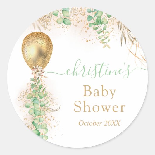 金ゴールドバルーンウォーター色フローラベビーシャワー ラウンドシール (正面)