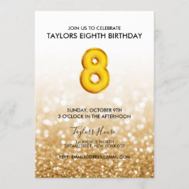 金ゴールドバルーングリッター第8誕生日パーティー 招待状