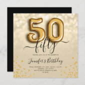 金ゴールドバルーングリッター50thバースデーパーティー招待状 招待状 (正面/裏面)