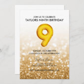 金ゴールドバルーングリッター9thバースデーパーティー 招待状 (正面/裏面)