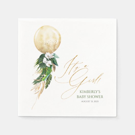 金ゴールドバルーントロピカルグリーンリーガーランドベビーシャワー スタンダードカクテルナプキン (正面)