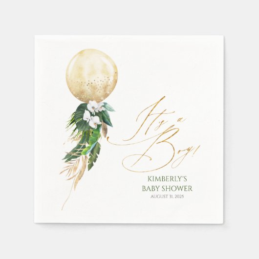 金ゴールドバルーントロピカルグリーンリーガーランドベビーシャワー スタンダードカクテルナプキン (正面)