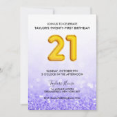 金ゴールドバルーンパープルグリッター21誕生日パーティー 招待状 (正面)