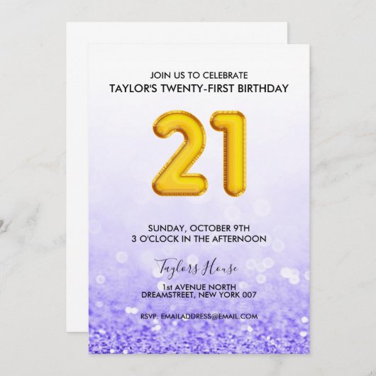 金ゴールドバルーンパープルグリッター21誕生日パーティー 招待状 (正面/裏面)