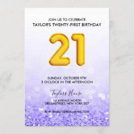 金ゴールドバルーンパープルグリッター21誕生日パーティー 招待状