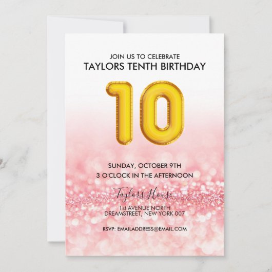 金ゴールドバルーンピンクグリッター10th誕生日パーティー 招待状 (正面)