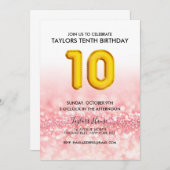 金ゴールドバルーンピンクグリッター10th誕生日パーティー 招待状 (正面/裏面)