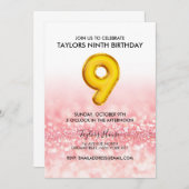 金ゴールドバルーンピンクグリッター9thバースデーパーティー 招待状 (正面/裏面)