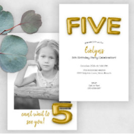 金ゴールドバルーンフィフス誕生日フォト招待状 招待状