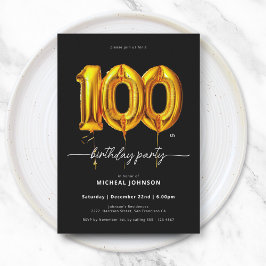 金ゴールドバルーンブラック100誕生日 招待状