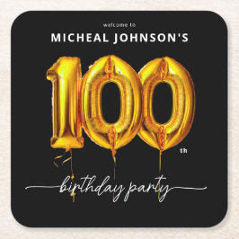金ゴールドバルーンブラック100thバースデーパーティー スクエアペーパーコースター