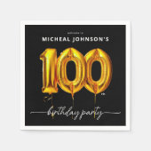 金ゴールドバルーンブラック100thバースデーパーティー スタンダードカクテルナプキン (正面)