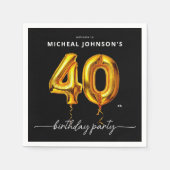 金ゴールドバルーンブラック40歳の誕生日パーティー スタンダードカクテルナプキン (正面)