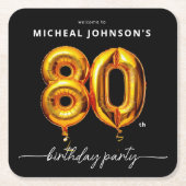 金ゴールドバルーンブラック80thバースデーパーティー スクエアペーパーコースター (正面)