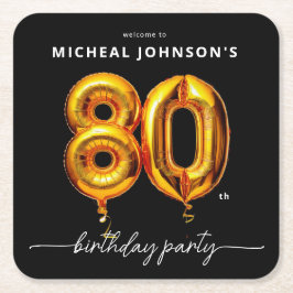 金ゴールドバルーンブラック80thバースデーパーティー スクエアペーパーコースター