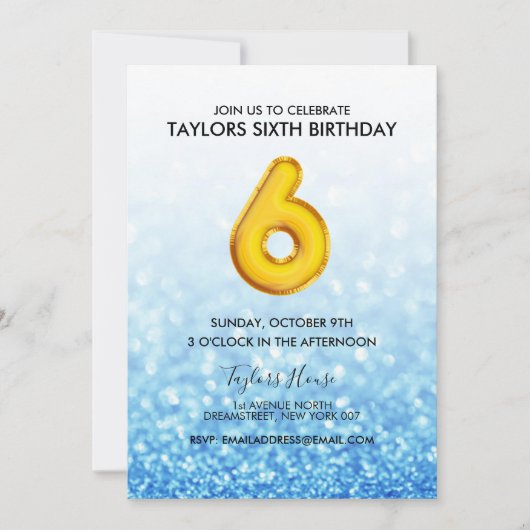 金ゴールドバルーンブルーグリッター6thバースデーパーティー 招待状 (正面)