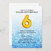 金ゴールドバルーンブルーグリッター6thバースデーパーティー 招待状 (正面/裏面)