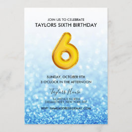 金ゴールドバルーンブルーグリッター6thバースデーパーティー 招待状